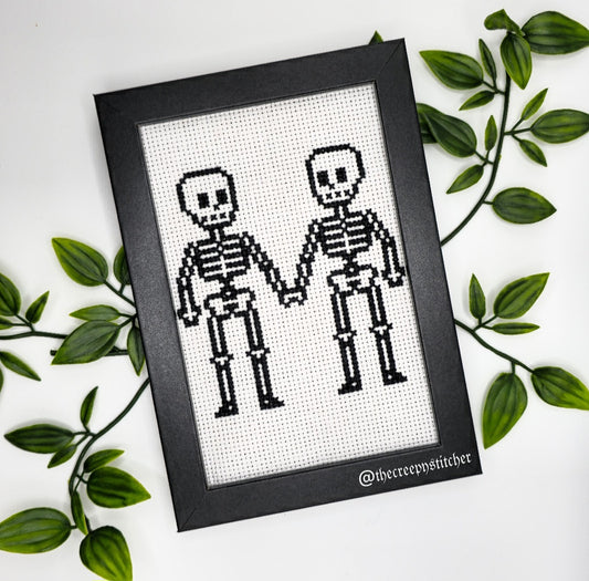 Skeletons Holding Hands - Framed - Cross Stitch